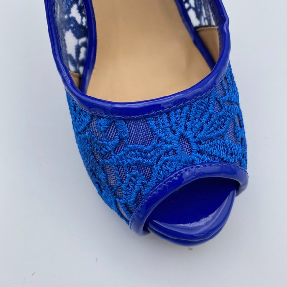 FSJ Blue Lace Satin Peep Toe Bridal Heels Platform - Picture 5 of 9